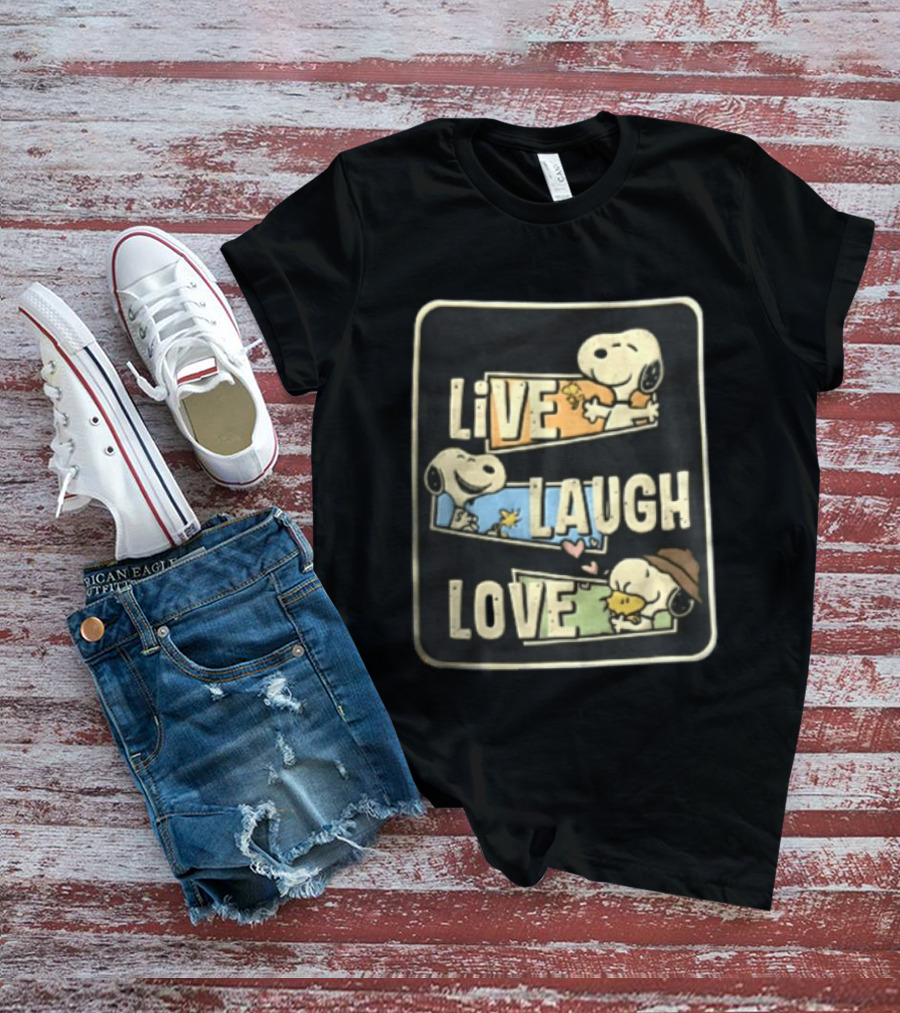 Live Laugh Love Peanuts Snoopy Woodstock Hugging Panels T-Shirt