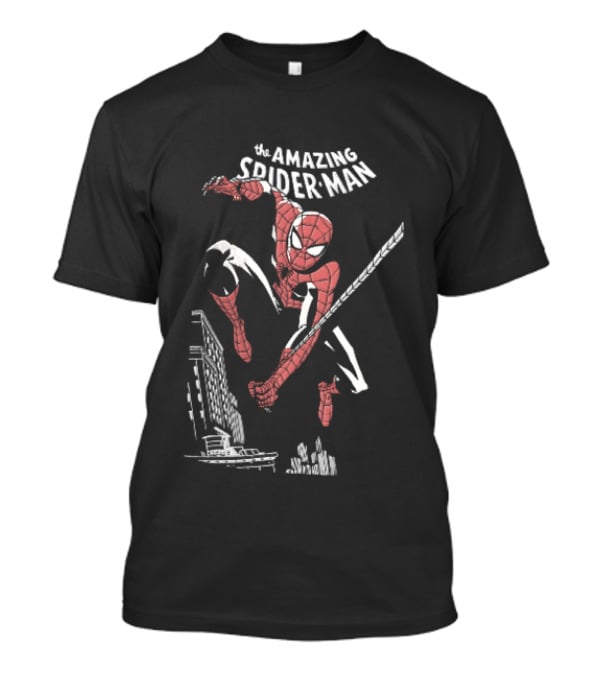 The Amazing Spider Man Swinging Above City Skyline T-Shirt