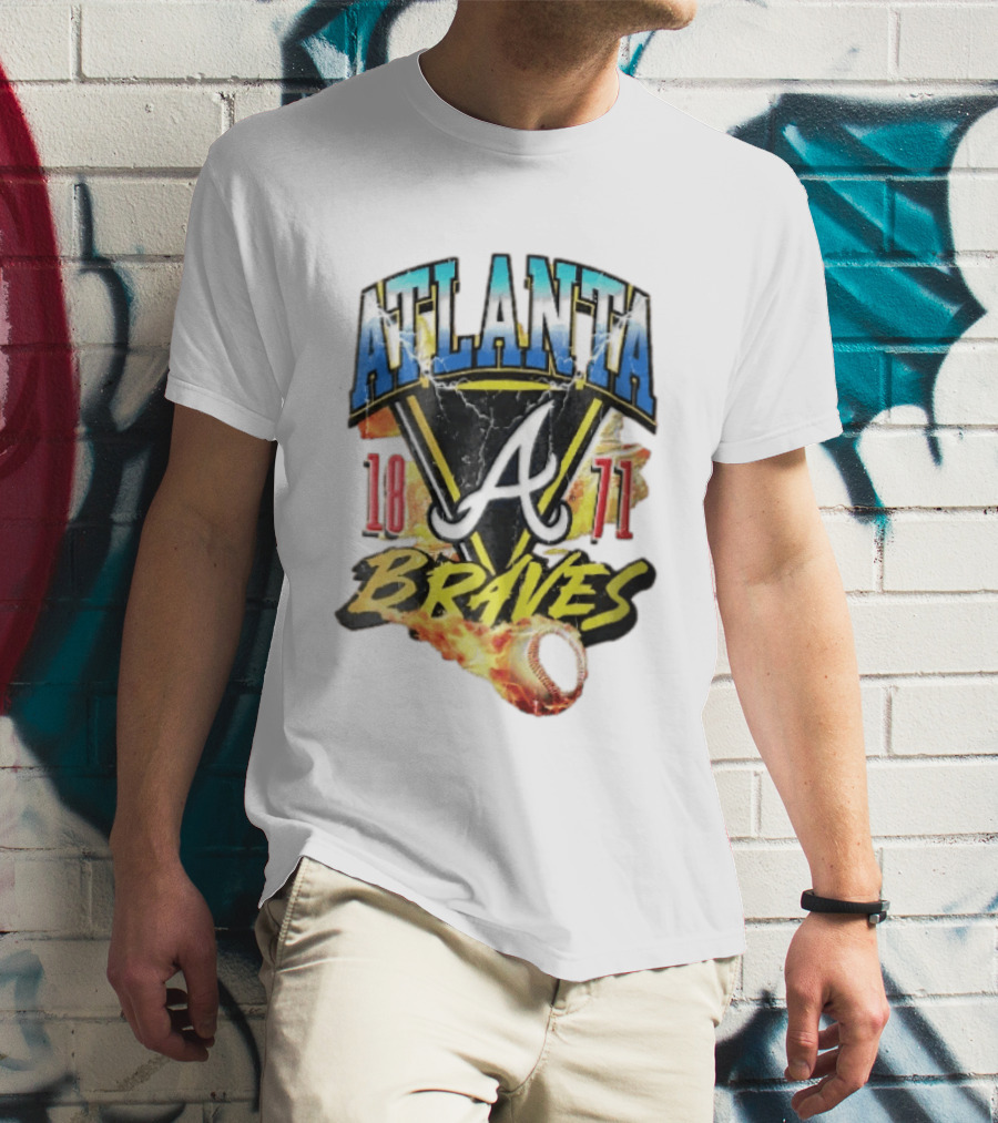 Atlanta Braves 1871 Vintage Flaming Baseball Lightning Triangle T-Shirt