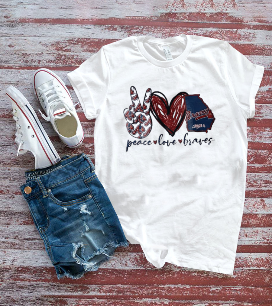 Peace Love Braves Hand Red Glitter Heart Georgia Map T-Shirt