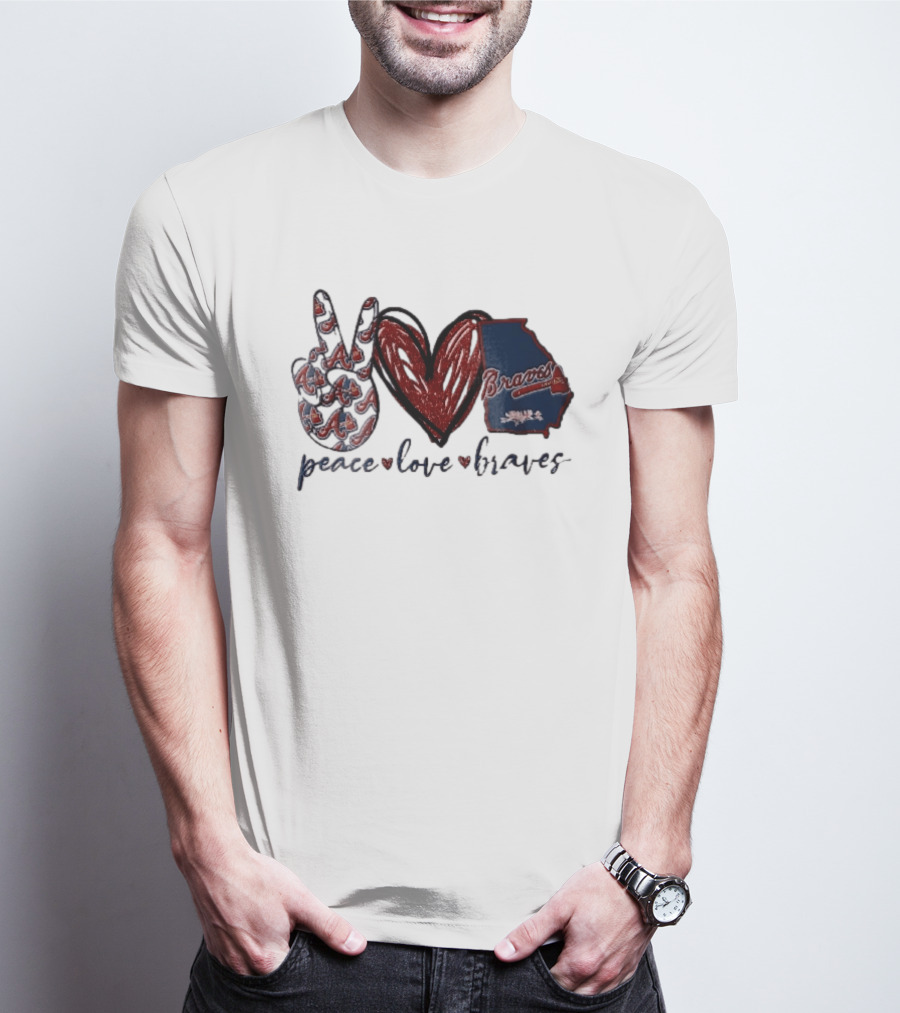 Peace Love Braves Hand Red Glitter Heart Georgia Map T-Shirt