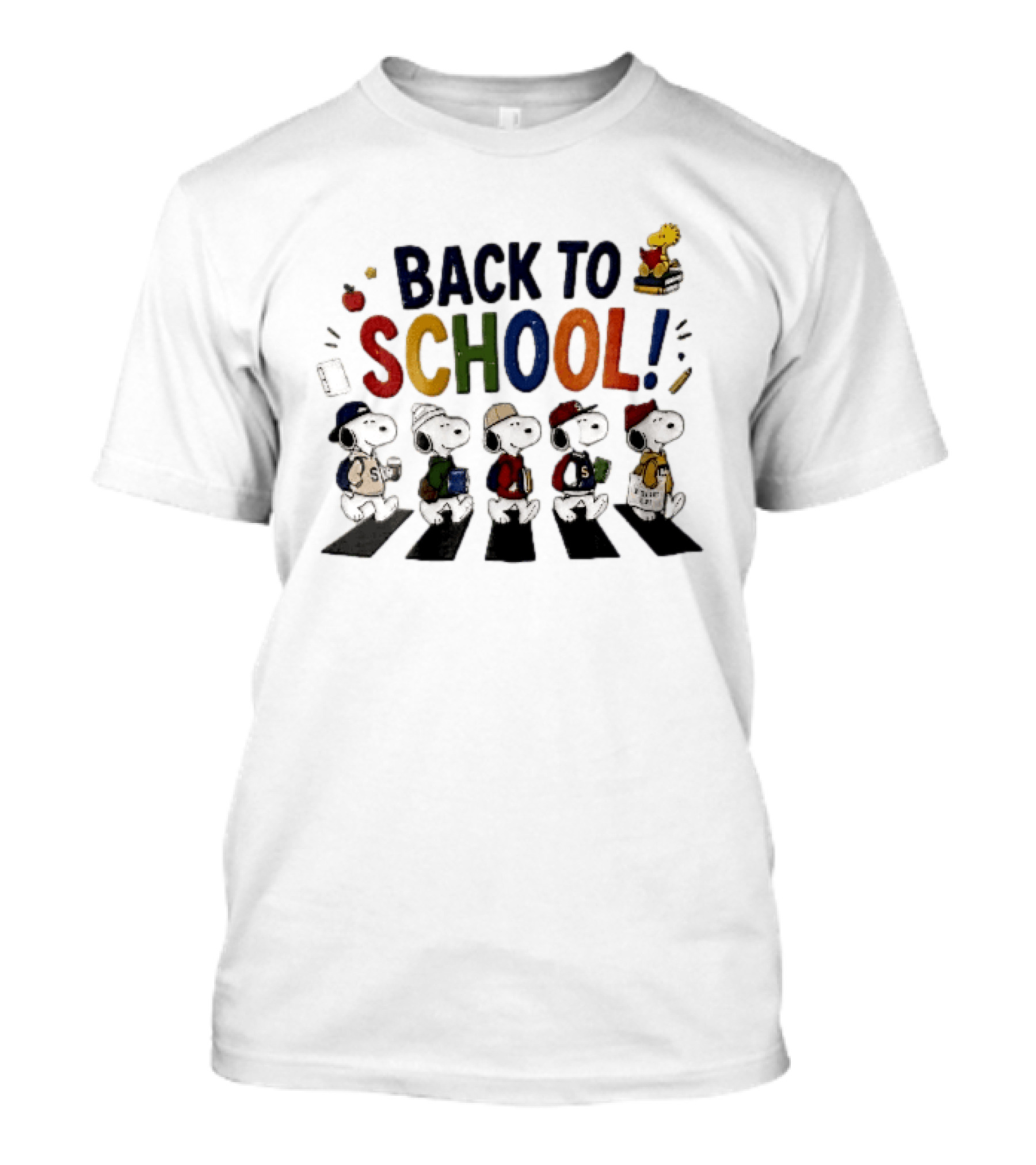 Back To School Snoopy Characters Walking Abbey Road With Woodstock Books T-Shirt