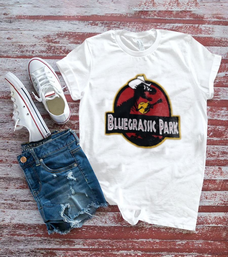 Bluegrassic Park Dinosaur Playing Mandolin Cowboy Hat Jurassic T-Shirt
