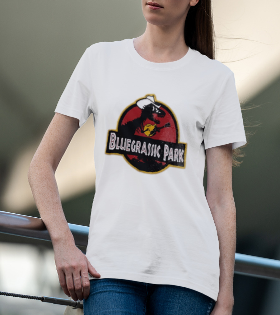 Bluegrassic Park Dinosaur Playing Mandolin Cowboy Hat Jurassic T-Shirt