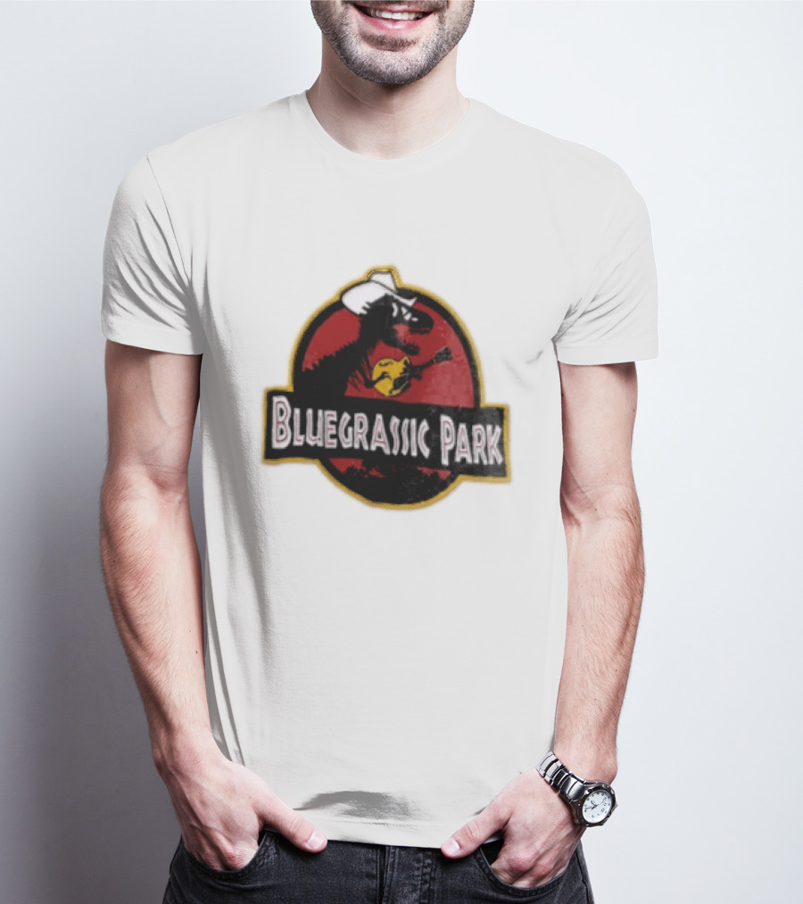 Bluegrassic Park Dinosaur Playing Mandolin Cowboy Hat Jurassic T-Shirt