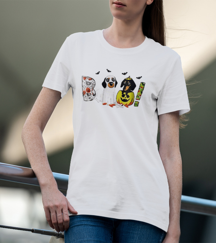 Boo Halloween Cartoon Dachshunds Ghost Costume Pumpkin T-Shirt