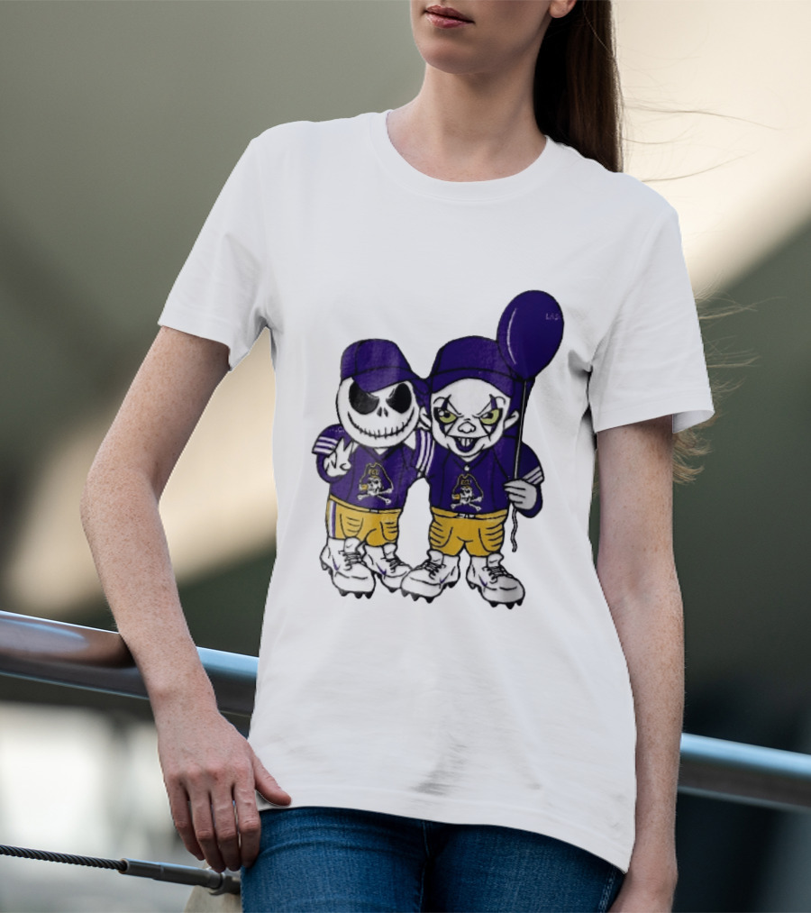 East Carolina Pirates NCAA Jack Skellington Pennywise Clown Purple Balloon T-Shirt