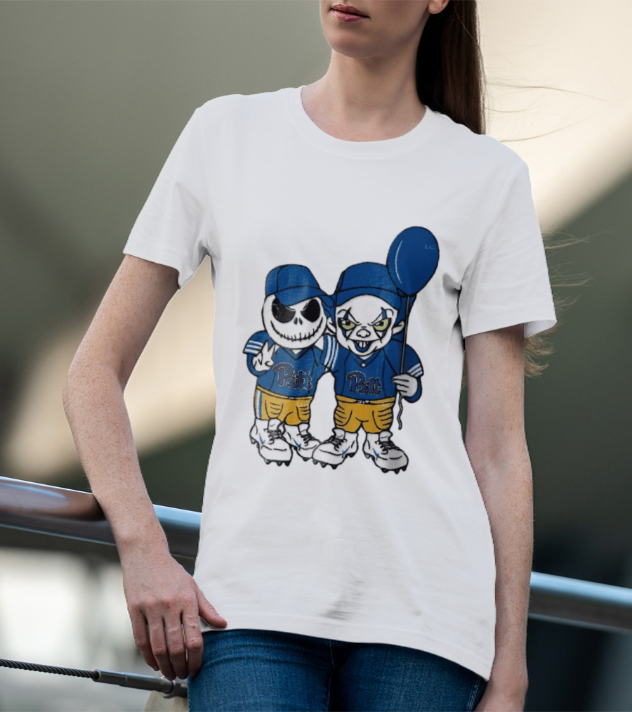 Pittsburgh Panthers NCAA Football Jack Skellington Clown Cartoon Players Blue Balloon T-Shirt