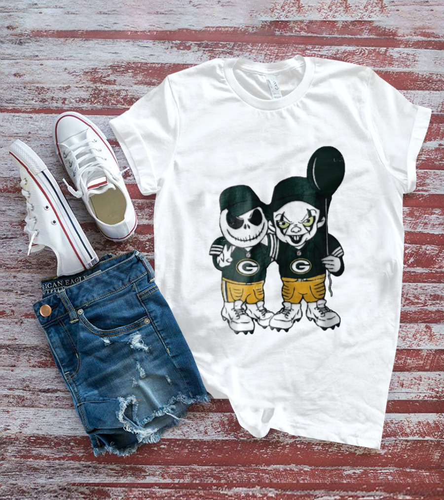 Green Bay Packers Jack Skellington Clown Balloon Cartoon Caricature Duo T-Shirt