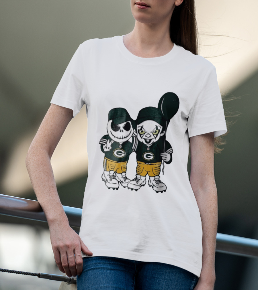 Green Bay Packers Jack Skellington Clown Balloon Cartoon Caricature Duo T-Shirt