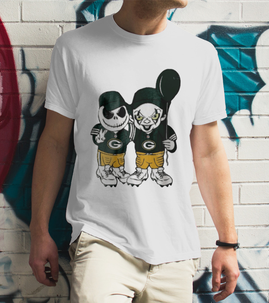 Green Bay Packers Jack Skellington Clown Balloon Cartoon Caricature Duo T-Shirt