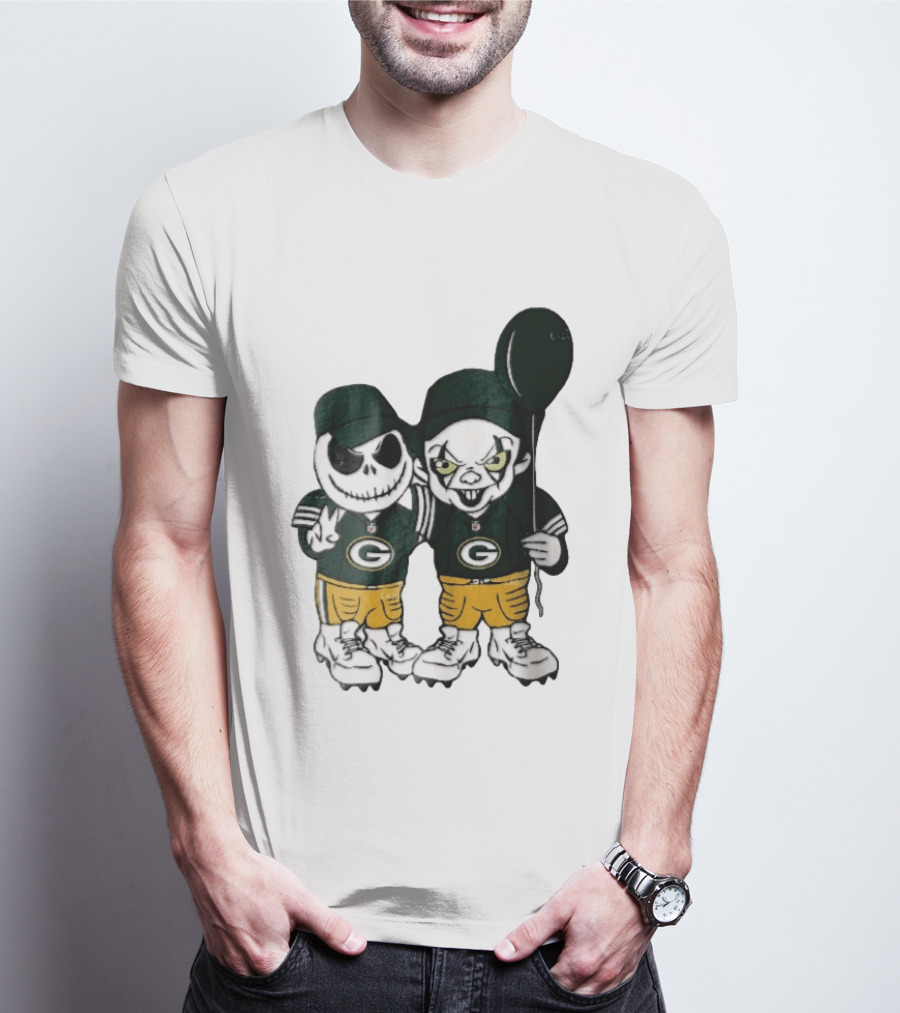 Green Bay Packers Jack Skellington Clown Balloon Cartoon Caricature Duo T-Shirt