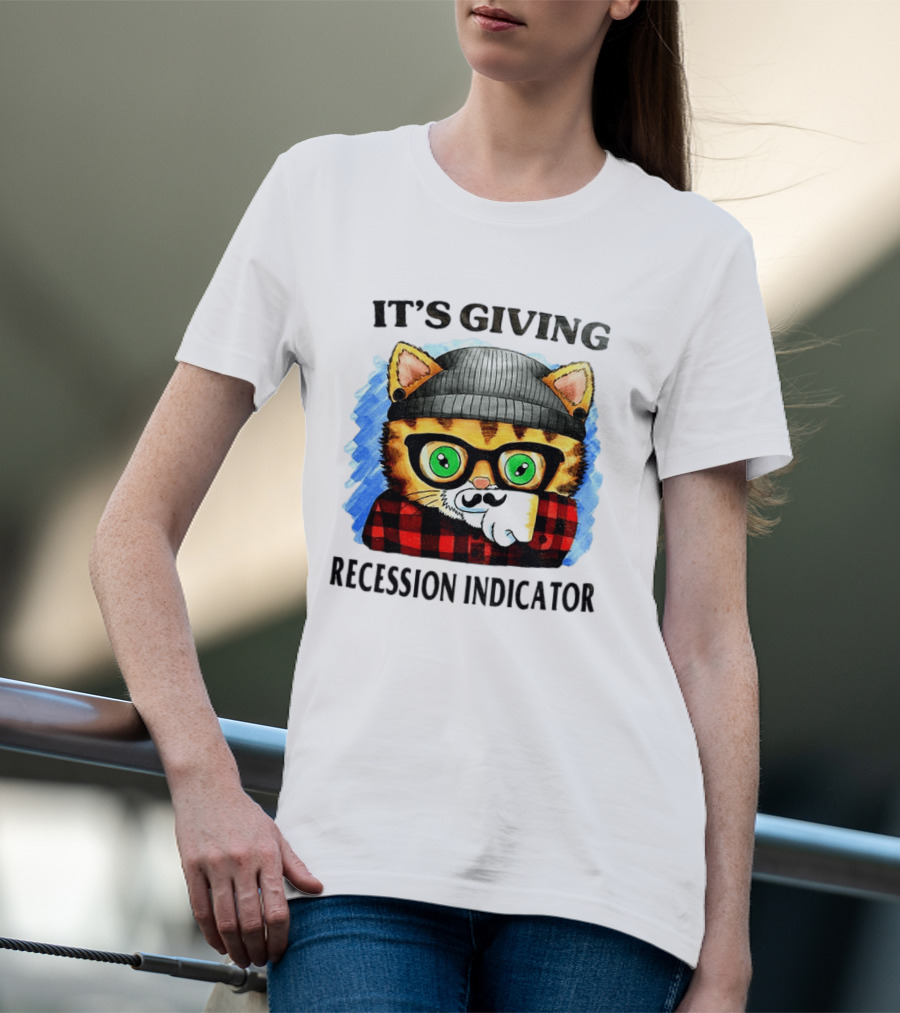 Hipster Cat Glasses Beanie Flannel It's Giving Recession Indicator T-Shirt