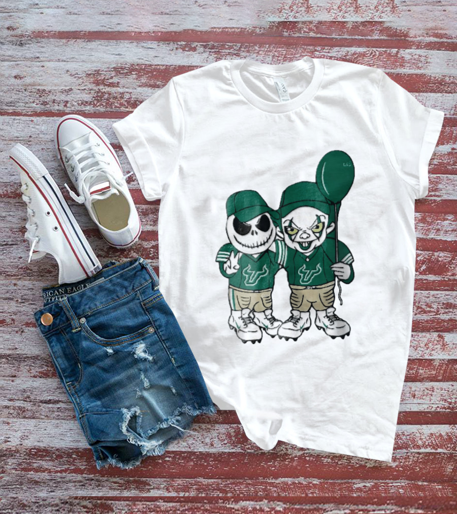 South Florida Bulls Skeleton And Evil Clown With Balloon NCAA Cartoon T-Shirt