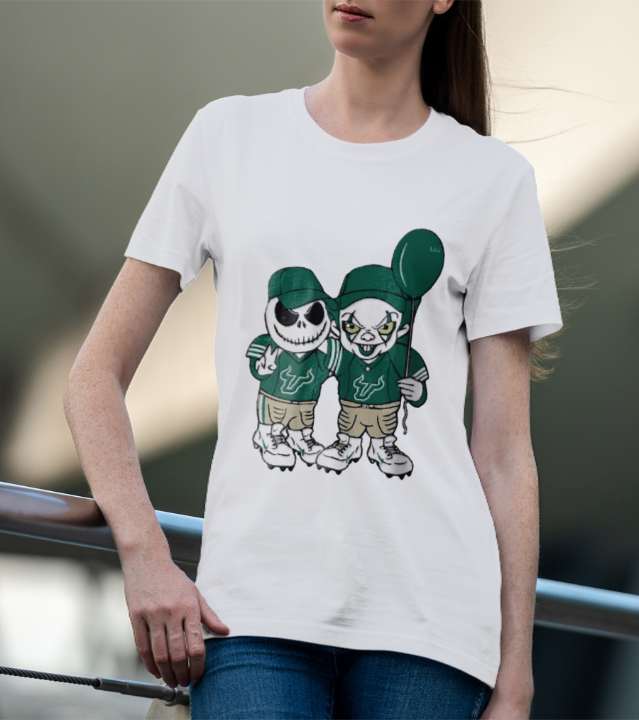 South Florida Bulls Skeleton And Evil Clown With Balloon NCAA Cartoon T-Shirt