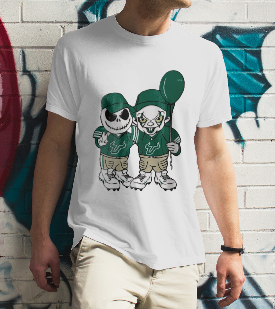 South Florida Bulls Skeleton And Evil Clown With Balloon NCAA Cartoon T-Shirt
