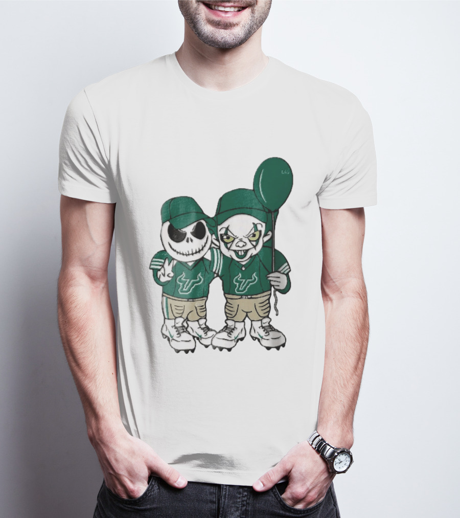 South Florida Bulls Skeleton And Evil Clown With Balloon NCAA Cartoon T-Shirt