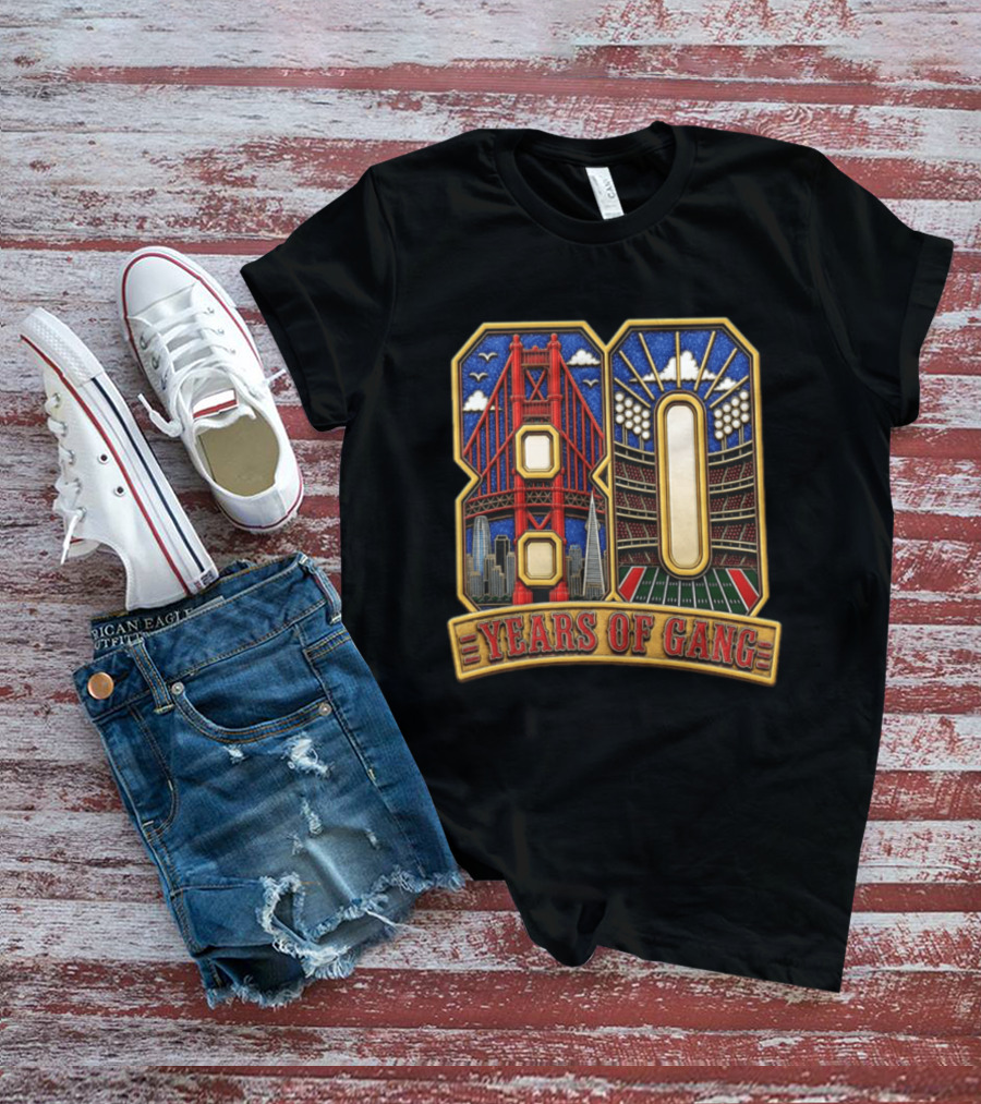 San Francisco 49ers 80 Years Of Gang Bridge And Stadium Celebration T-Shirt