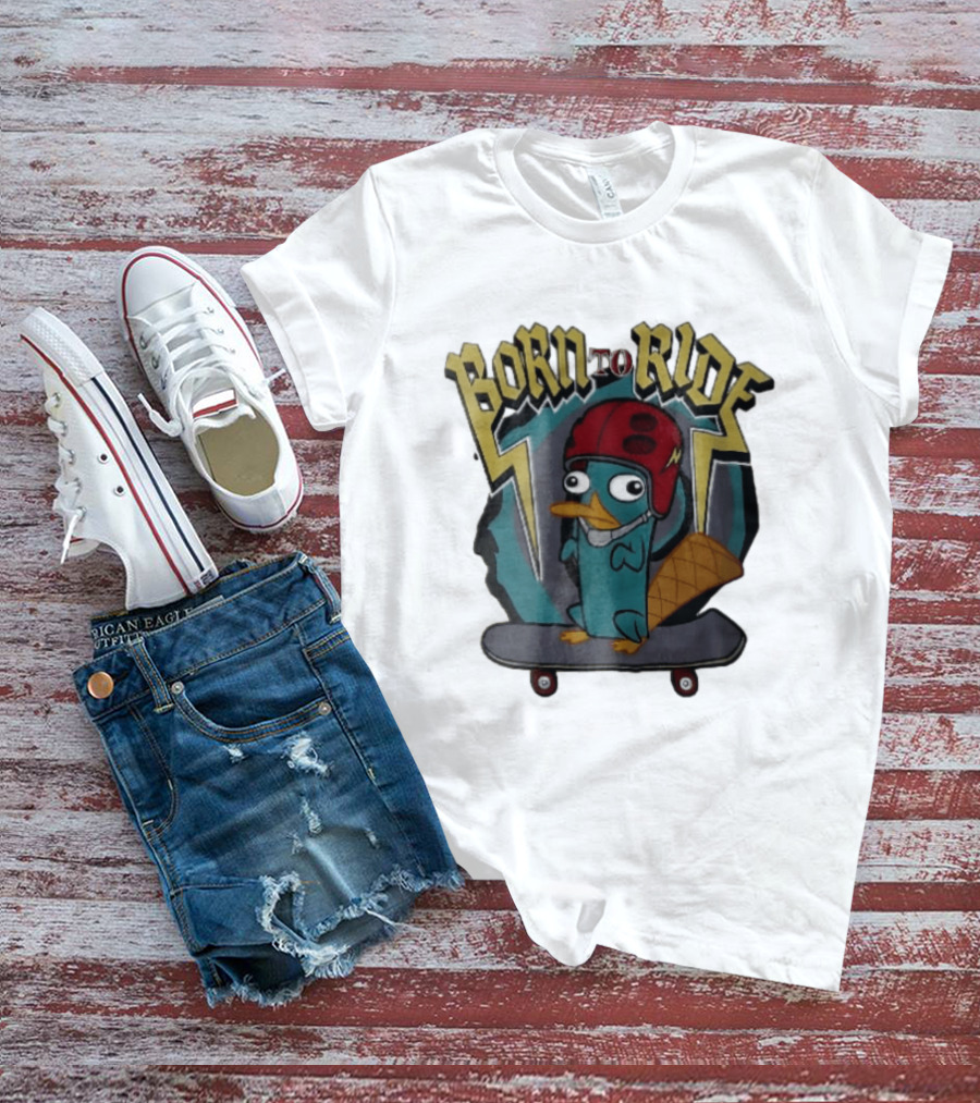 Born To Ride Cartoon Platypus Red Helmet Skateboard T-Shirt