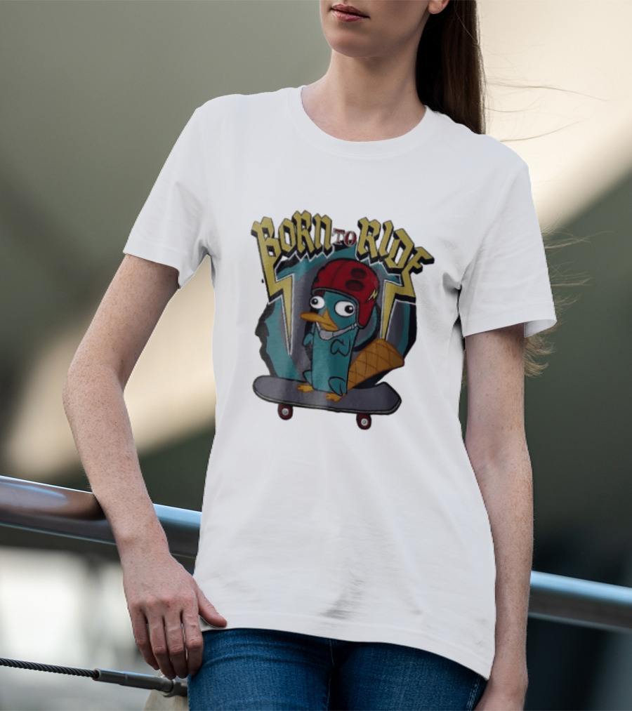 Born To Ride Cartoon Platypus Red Helmet Skateboard T-Shirt