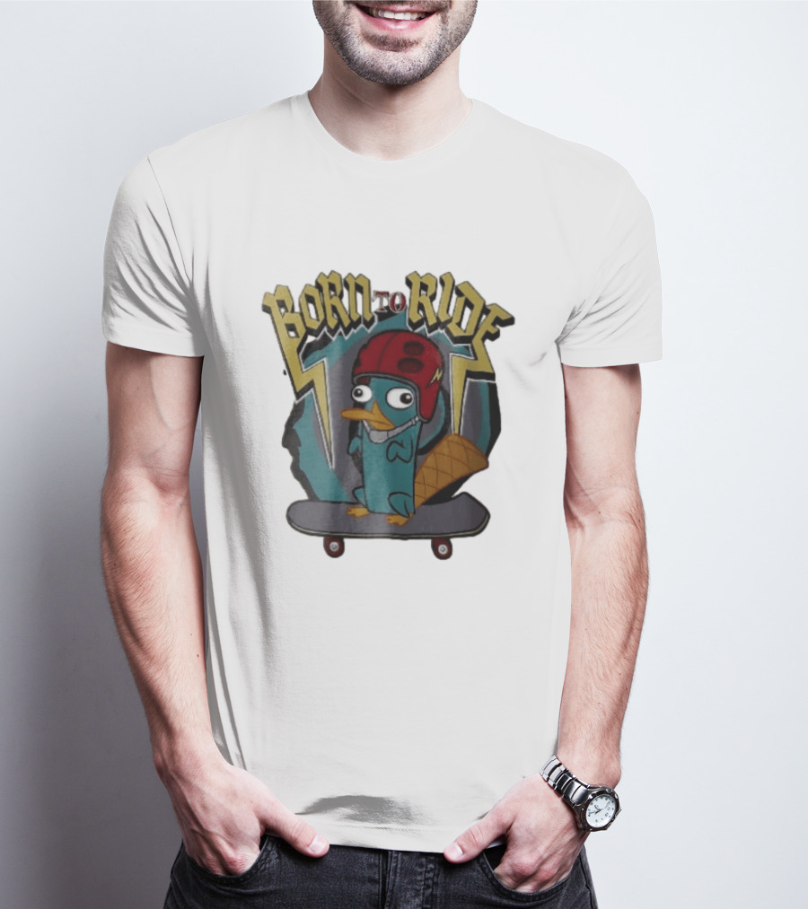 Born To Ride Cartoon Platypus Red Helmet Skateboard T-Shirt