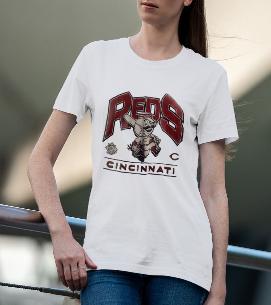 Cincinnati Reds Cartoon Running Bat Mascot Vintage MLB Fan Gear T-Shirt