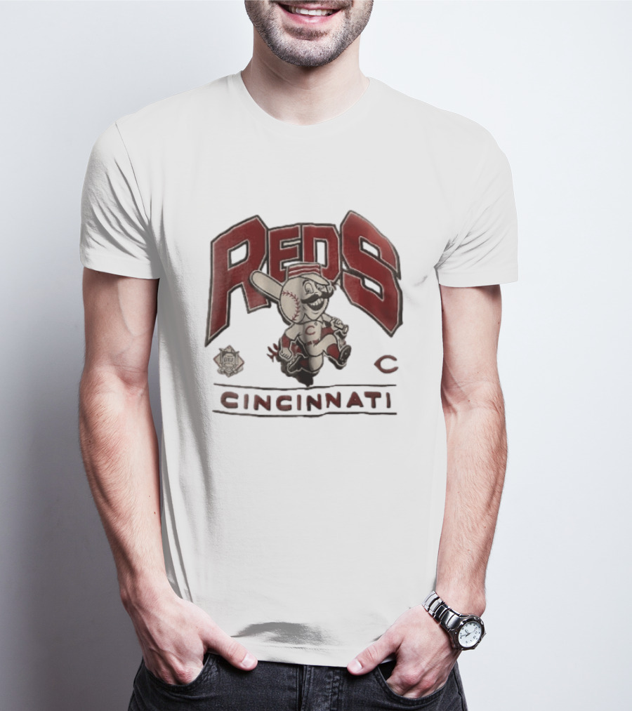 Cincinnati Reds Cartoon Running Bat Mascot Vintage MLB Fan Gear T-Shirt