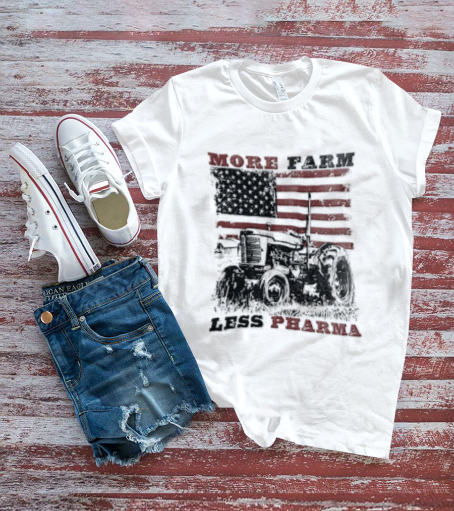 More Farm Less Pharma Distressed American Flag Tractor T-Shirt