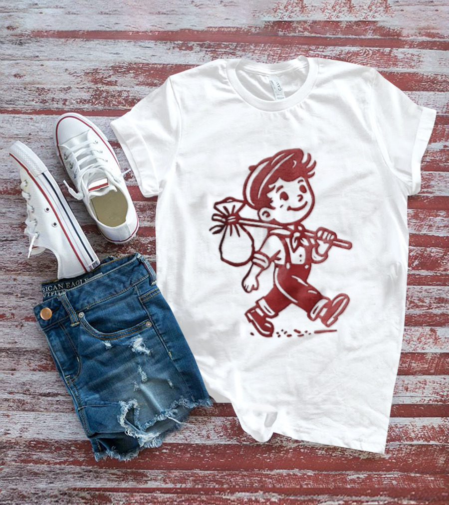 Red Line Cartoon Boy With Bindle Knapsack Stick Drawing T-Shirt