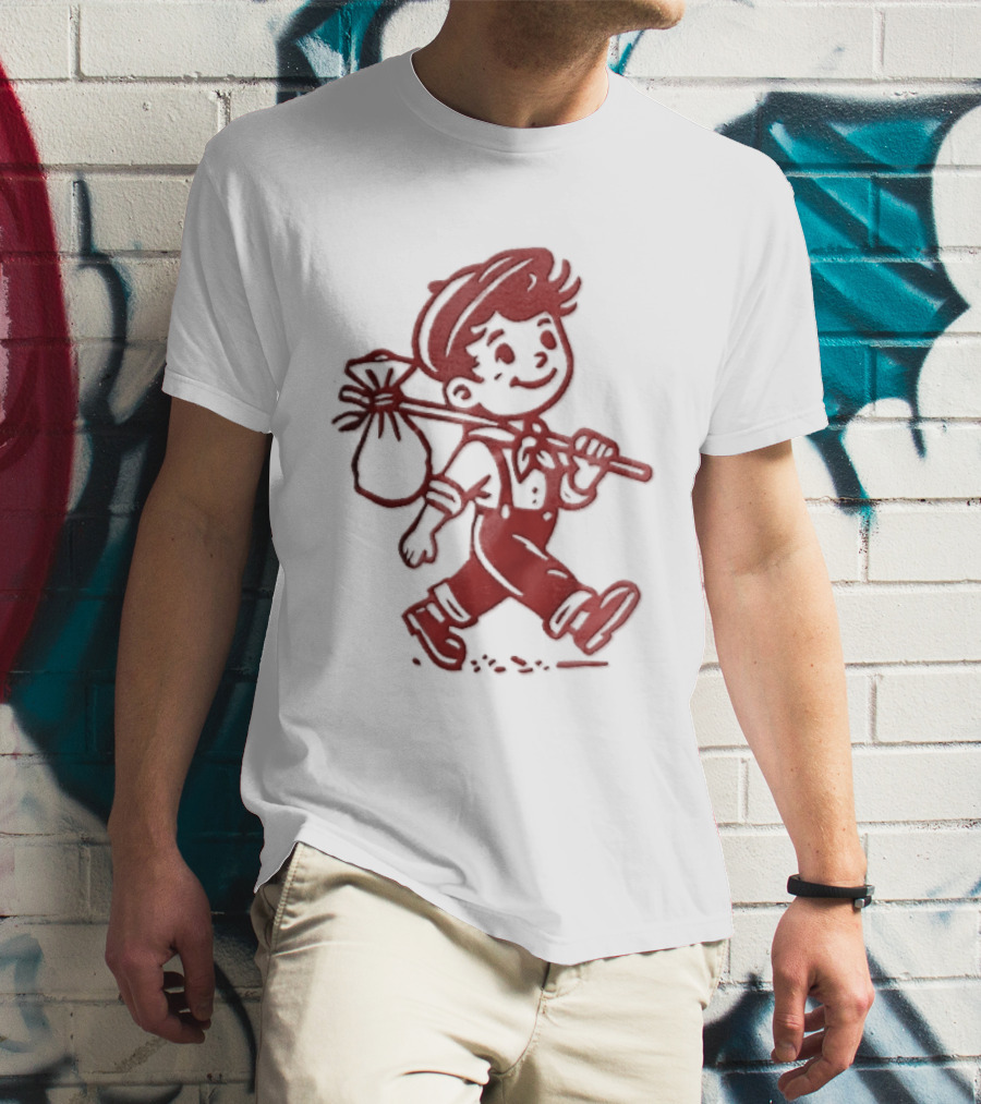 Red Line Cartoon Boy With Bindle Knapsack Stick Drawing T-Shirt