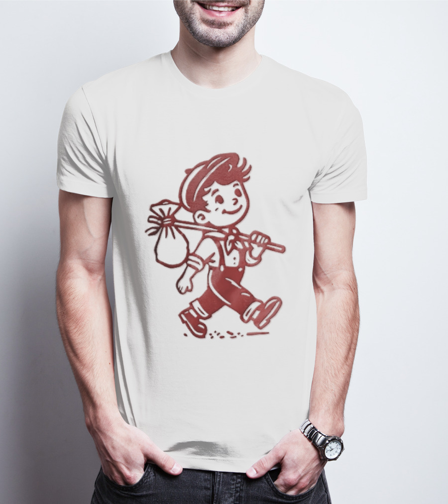 Red Line Cartoon Boy With Bindle Knapsack Stick Drawing T-Shirt