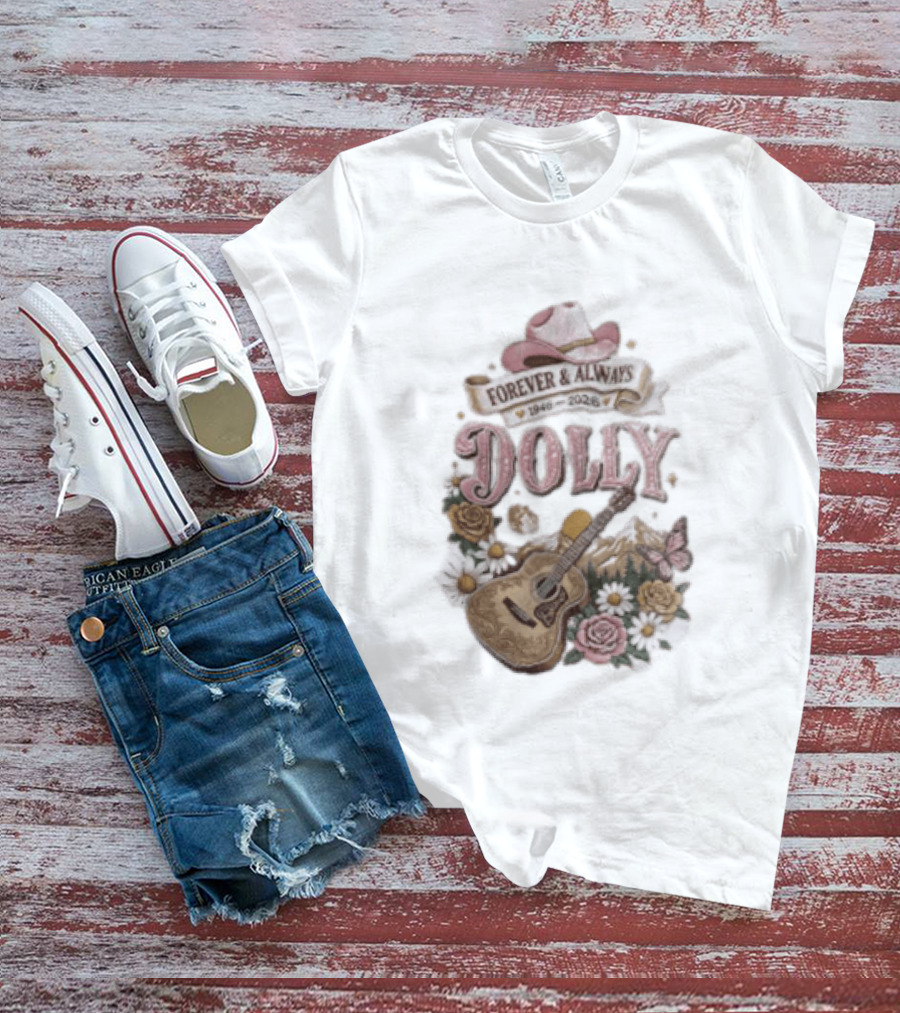Forever & Always Dolly 1946 2026 Cowboy Hat Guitar Flowers Butterfly T-Shirt