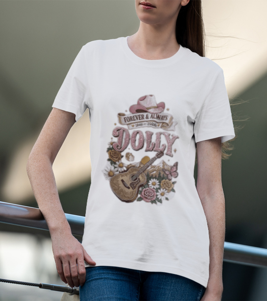 Forever & Always Dolly 1946 2026 Cowboy Hat Guitar Flowers Butterfly T-Shirt