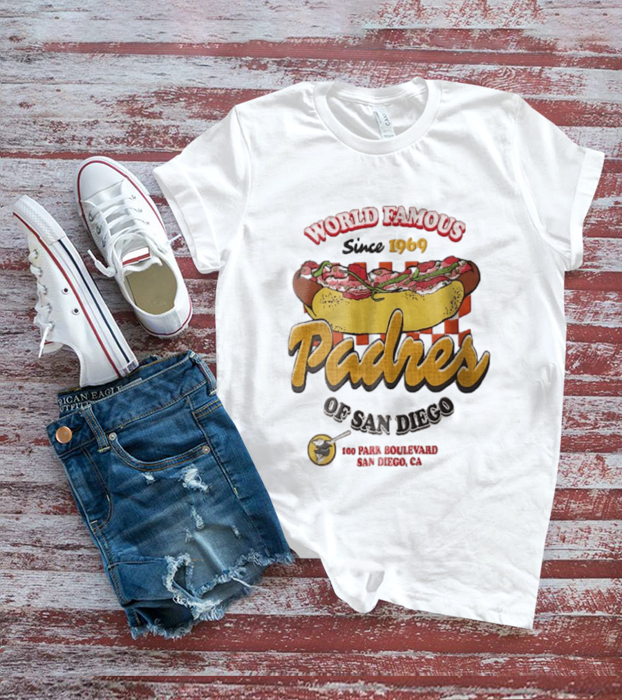 World Famous Padres Of San Diego Since 1969 Halftone Hot Dog 100 Park Boulevard CA T-Shirt
