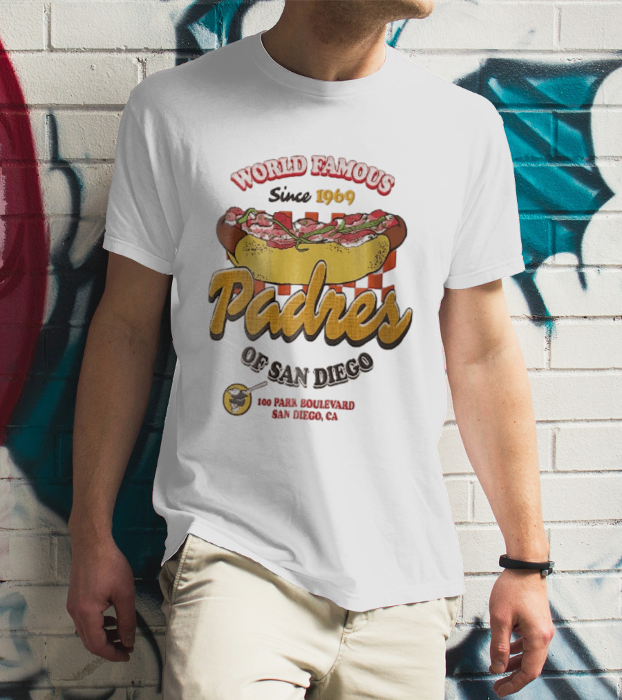 World Famous Padres Of San Diego Since 1969 Halftone Hot Dog 100 Park Boulevard CA T-Shirt