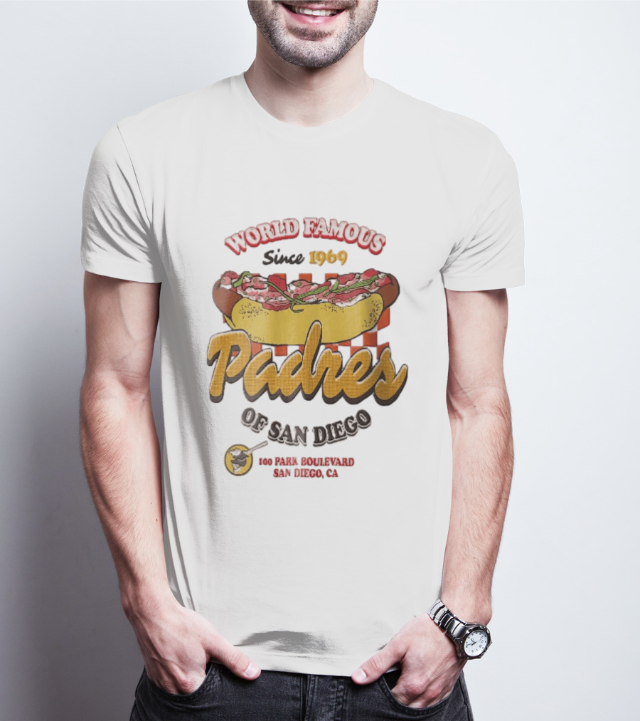 World Famous Padres Of San Diego Since 1969 Halftone Hot Dog 100 Park Boulevard CA T-Shirt