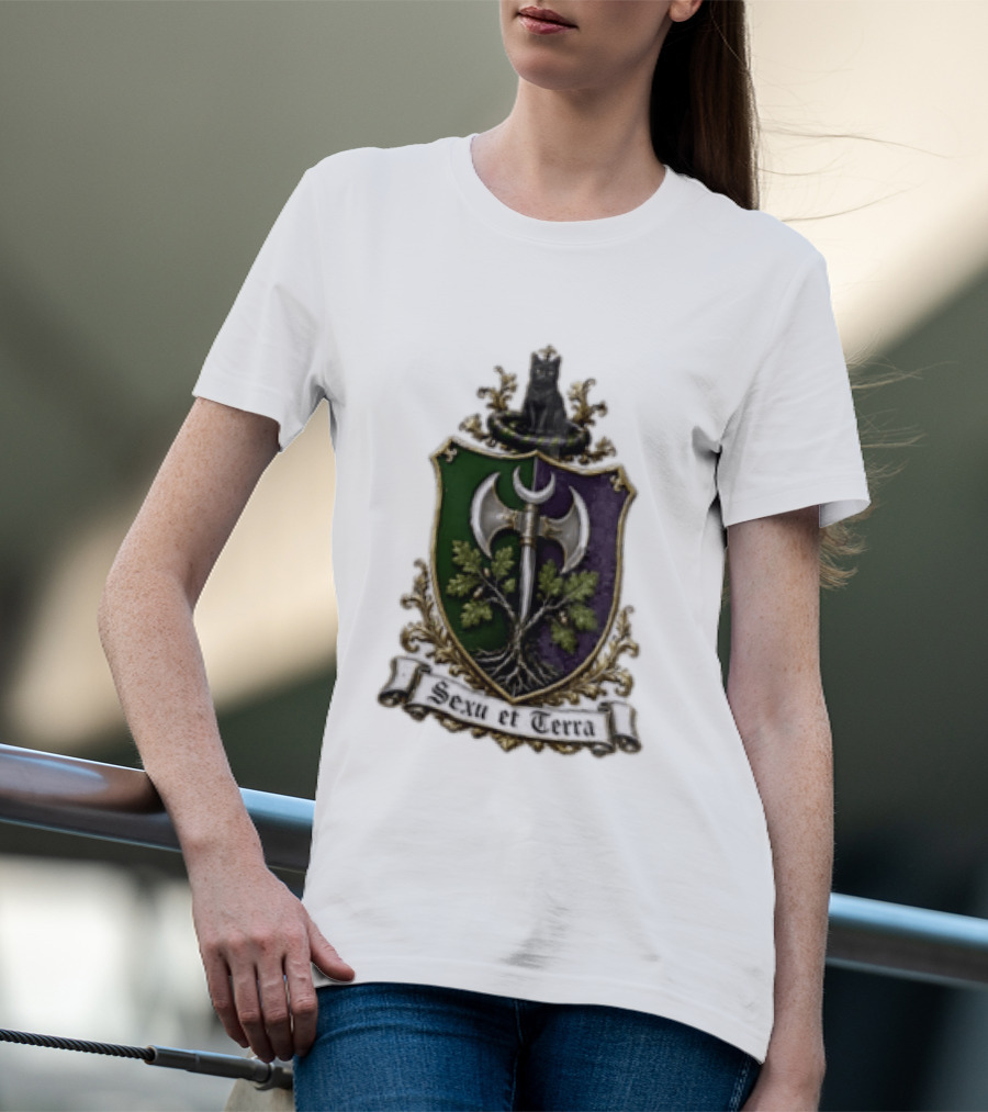 Sexu Et Terra Green Purple Shield Black Cat Axe And Tree Crest T-Shirt
