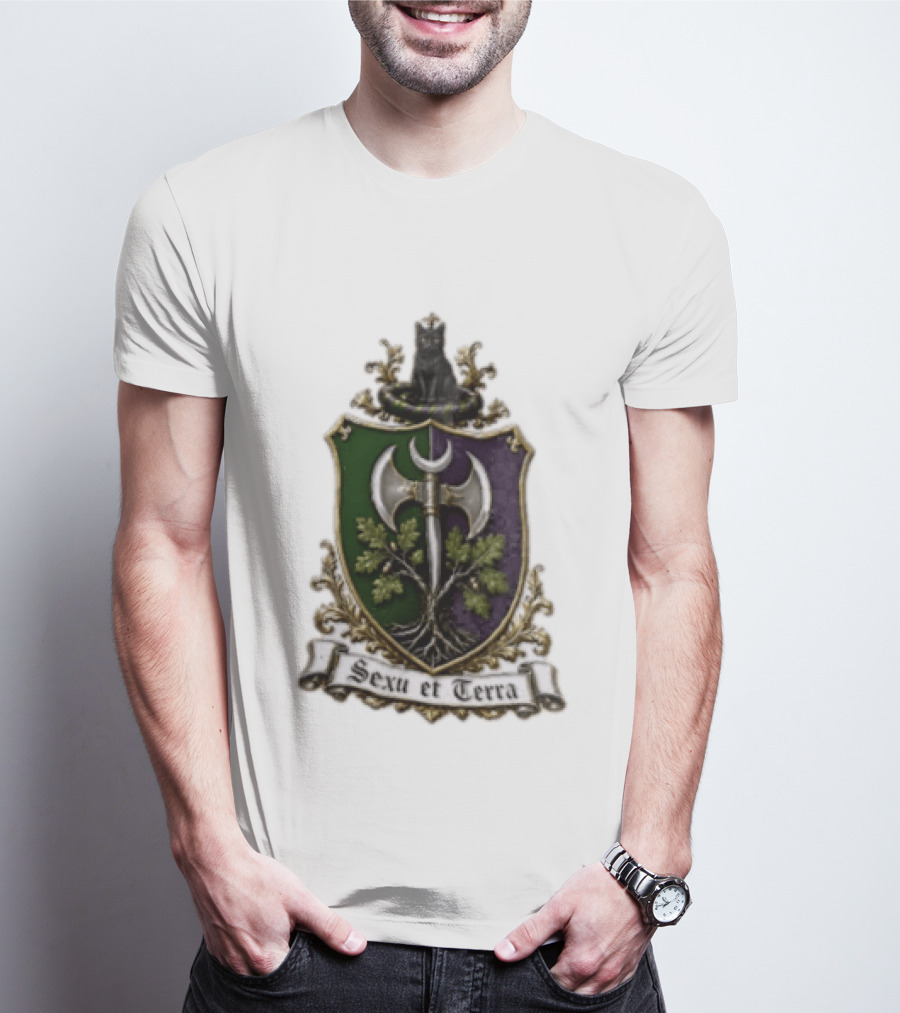 Sexu Et Terra Green Purple Shield Black Cat Axe And Tree Crest T-Shirt