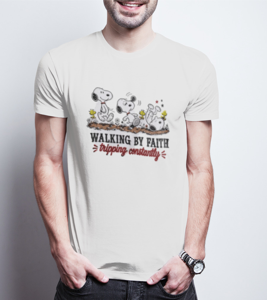 Snoopy Walking By Faith Tripping Constantly With Woodstock Friends T-Shirt