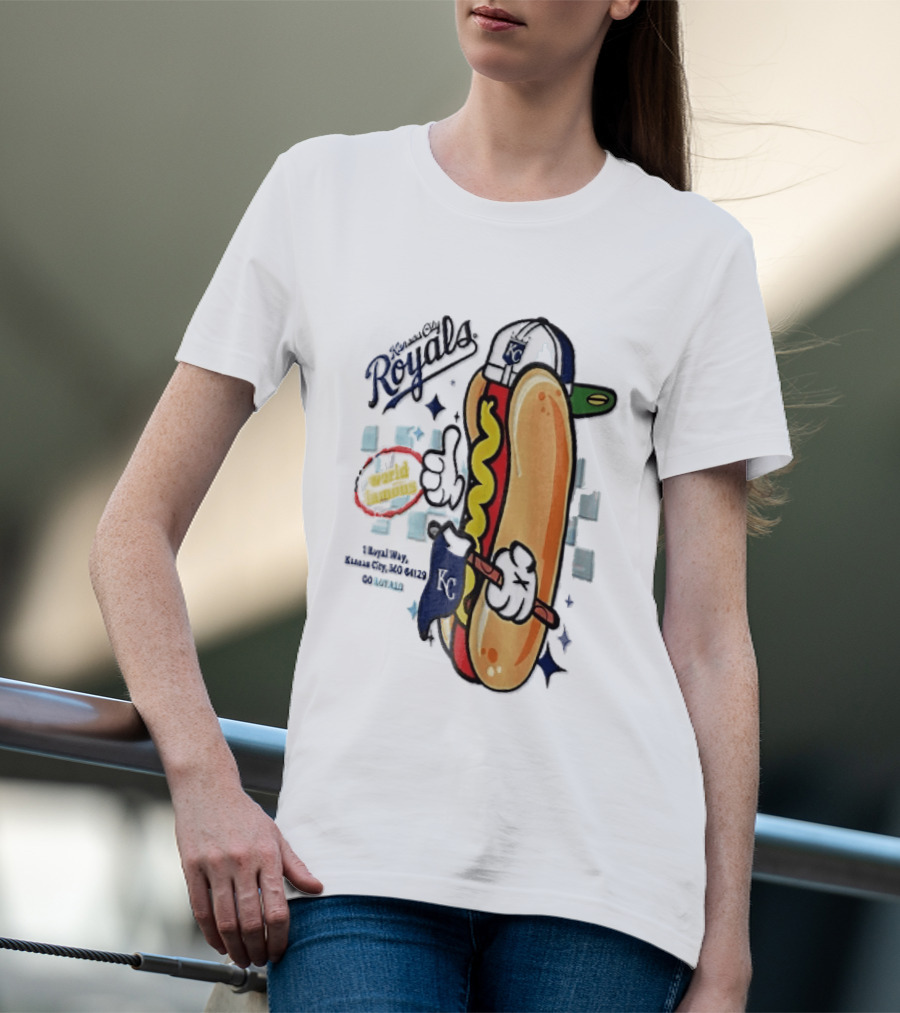 Kansas City Royals World Famous 1 Royal Way Mo 64129 Cartoon Hot Dog KC Cap T-Shirt
