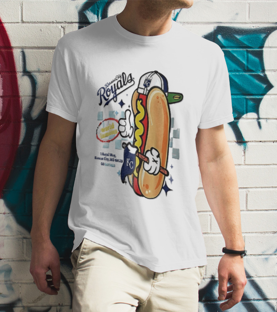 Kansas City Royals World Famous 1 Royal Way Mo 64129 Cartoon Hot Dog KC Cap T-Shirt