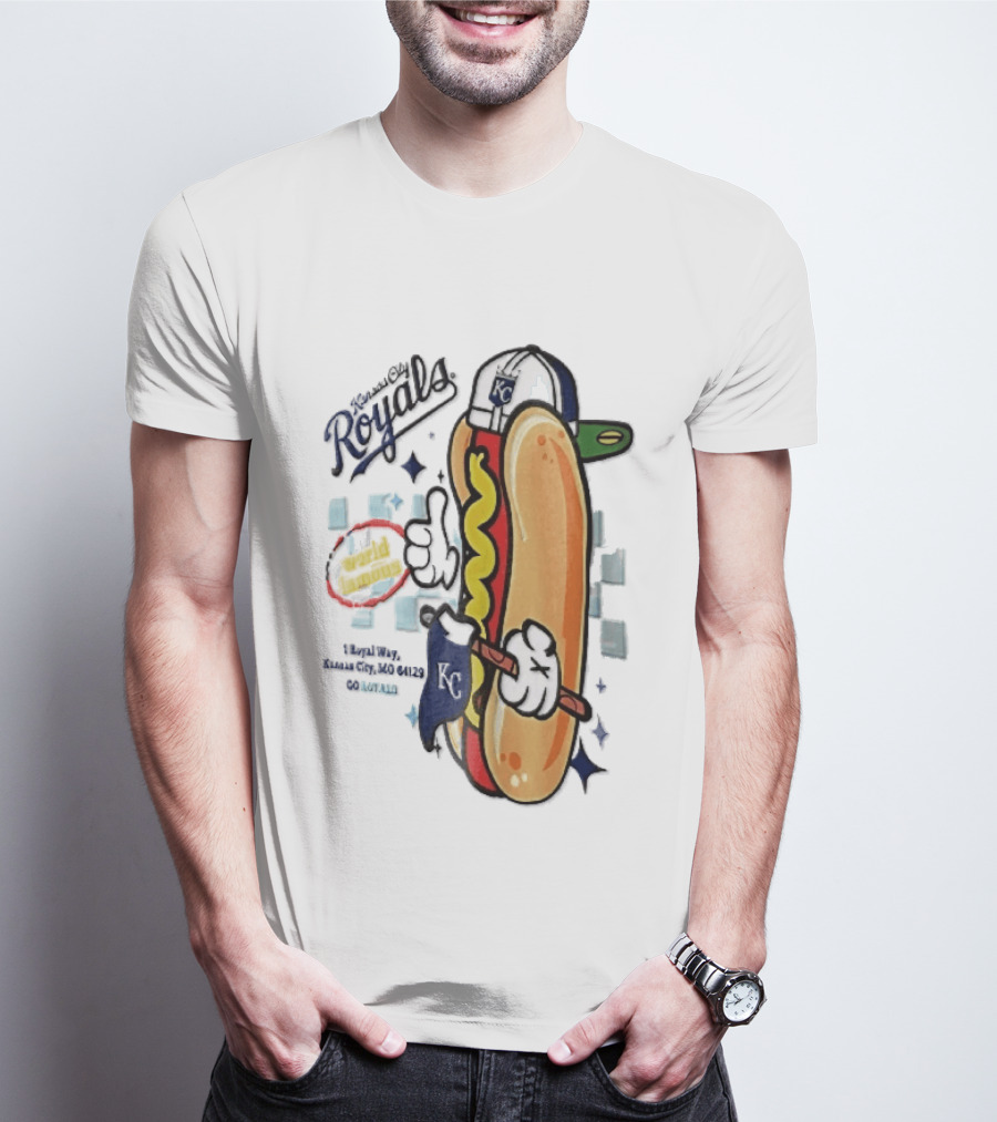 Kansas City Royals World Famous 1 Royal Way Mo 64129 Cartoon Hot Dog KC Cap T-Shirt