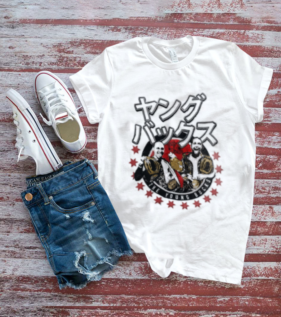 Young Bucks Wrestling Tag Team With Championship Belts And Red Star Circle T-Shirt