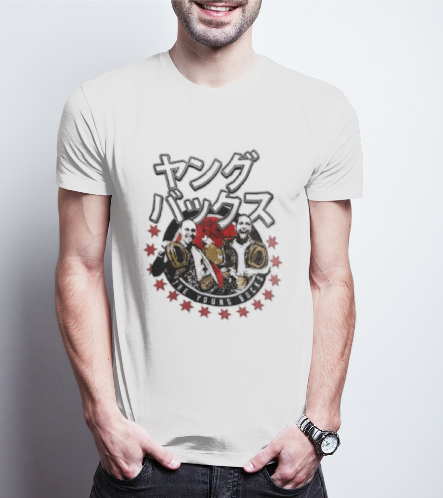 Young Bucks Wrestling Tag Team With Championship Belts And Red Star Circle T-Shirt