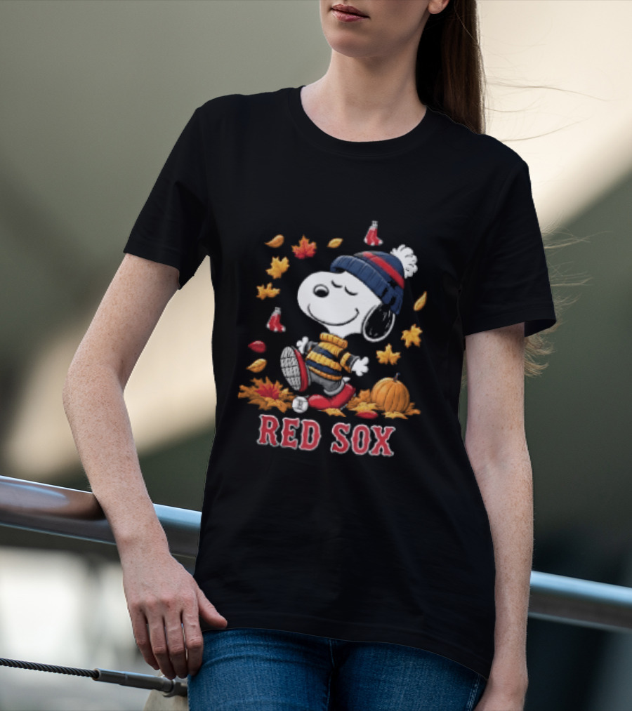 Boston Red Sox Snoopy Walking With Autumn Leaves And Pumpkin T-Shirt