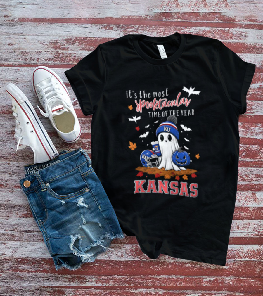 Kansas Jayhawks It's The Most Spooktacular Time Of Year Ghost Beanie Pumpkin T-Shirt