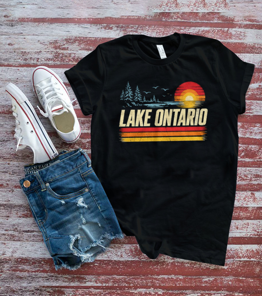 Lake Ontario Sunset Vintage Style With Pines And Birds T-Shirt