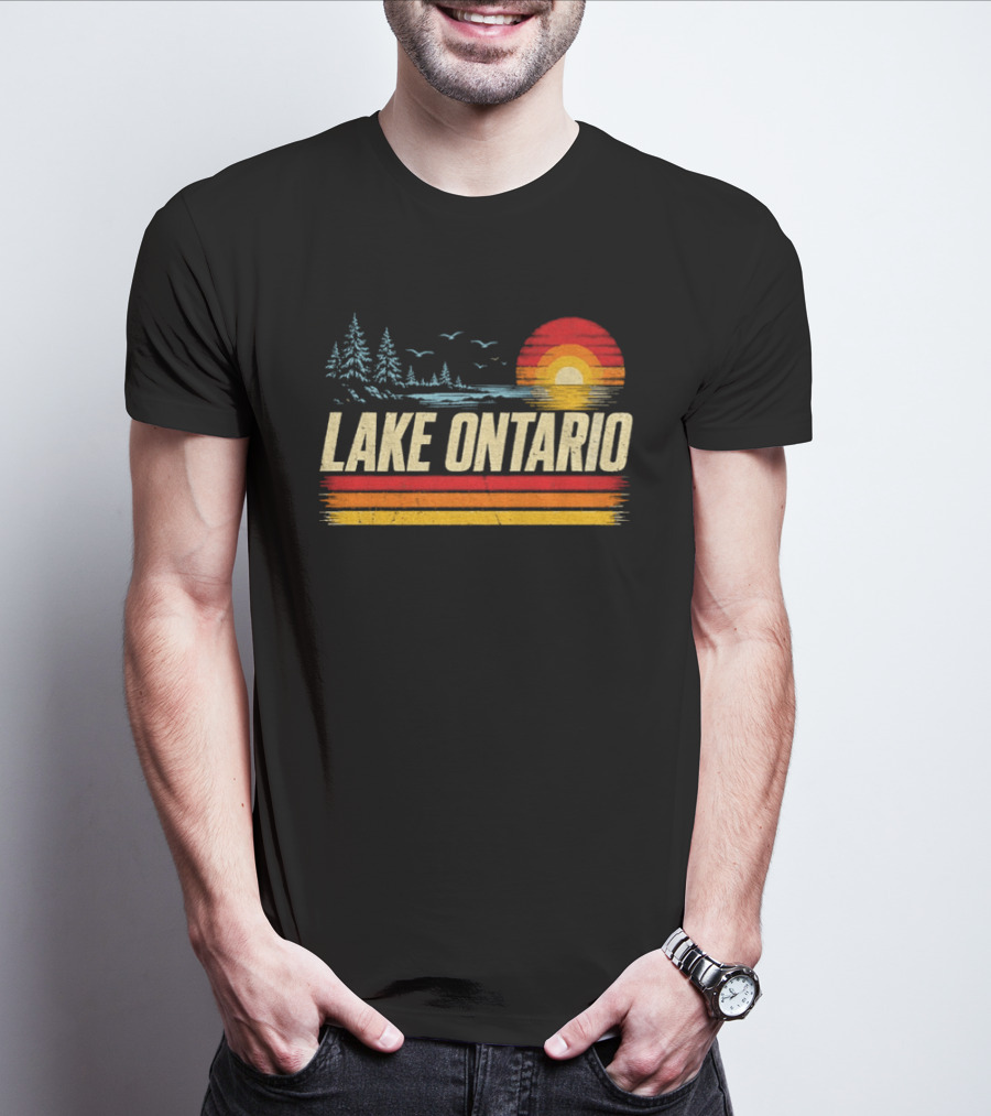 Lake Ontario Sunset Vintage Style With Pines And Birds T-Shirt