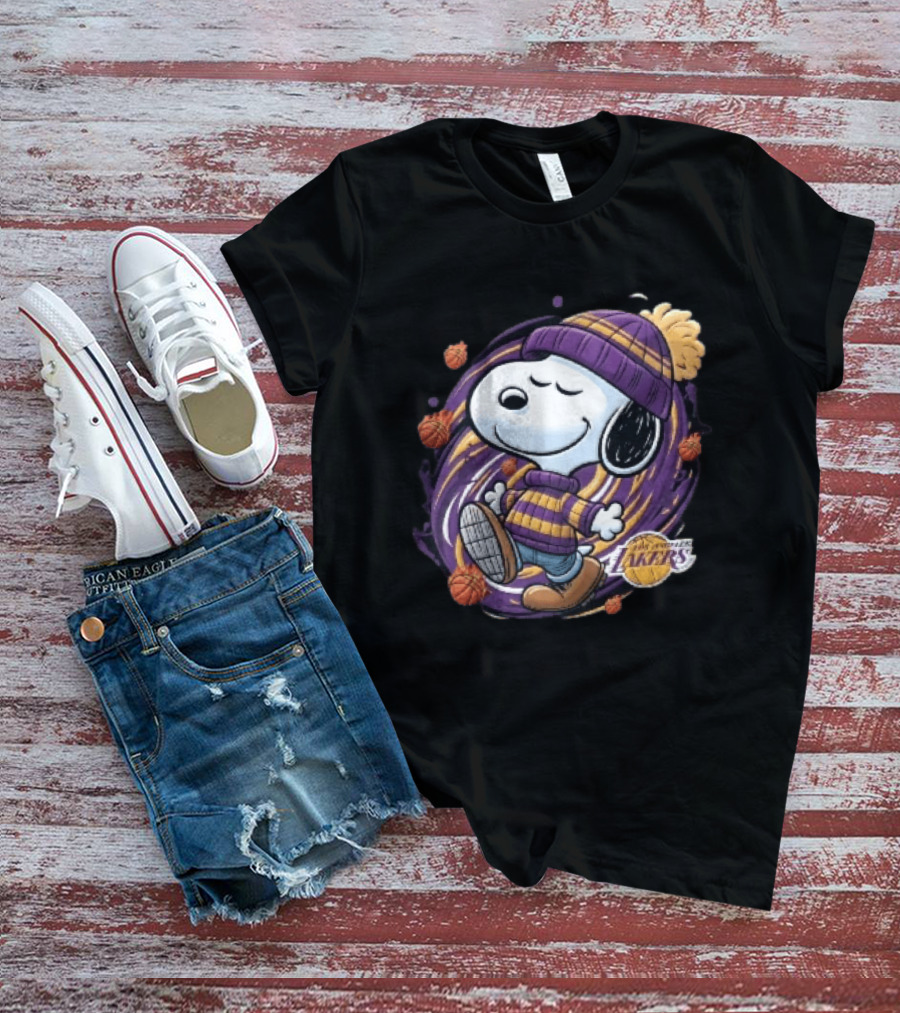 Los Angeles Lakers NBA Snoopy Cartoon Beanie Swirl Flaming Basketballs T-Shirt