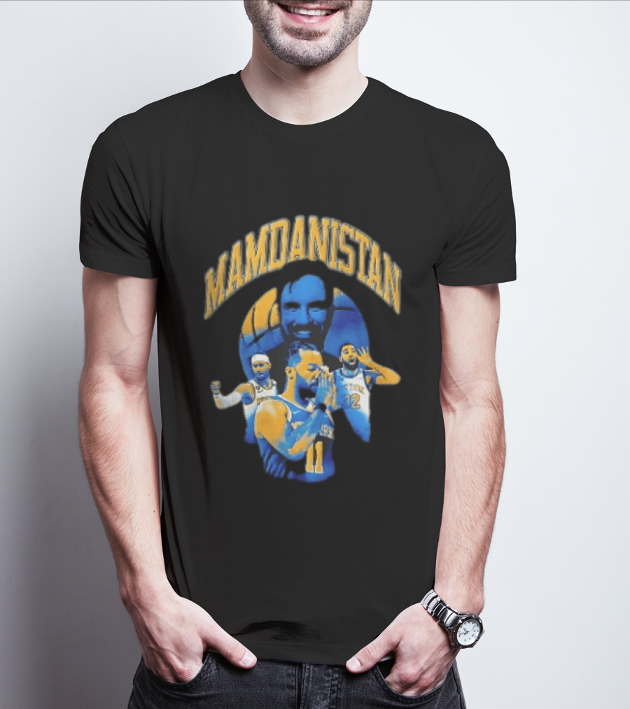 Mamdanistan Jalen Brunson Karl Anthony Towns Zohran Mamdani Halftone Basketball Collage T-Shirt